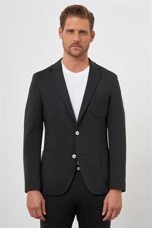 Morven Erkek Siyah Poliviskon Trend Desenli Slim Fit Mono Yaka Takım Elbise