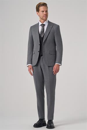 Morven Erkek Siyah Poliviskon Trend Desenli Slim Fit Yelekli Kombinli Takım Elbise