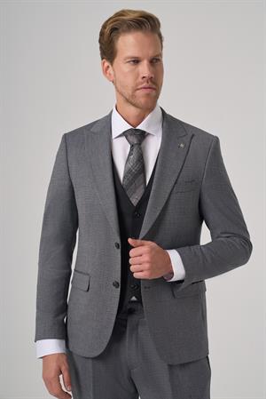 Morven Erkek Siyah Poliviskon Trend Desenli Slim Fit Yelekli Kombinli Takım Elbise