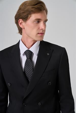 Morven Erkek Siyah Poliviskon Trend Düz Desen Slim Fit Sivri Yaka Kruvaze Takım Elbise