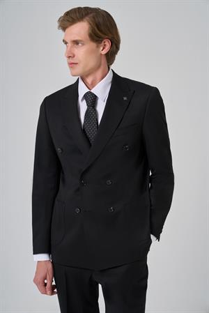 Morven Erkek Siyah Poliviskon Trend Düz Desen Slim Fit Sivri Yaka Kruvaze Takım Elbise