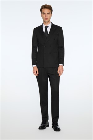 Morven Erkek Siyah Poliviskon Trend Düz Slim Fit Sivri Yaka Kruvaze Takım Elbise