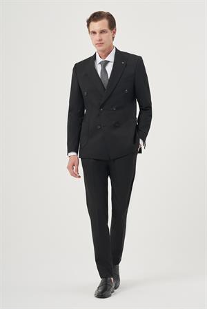 Morven Erkek Siyah Poliviskon Trend Düz Slim Fit Sivri Yaka Kruvaze Takım Elbise