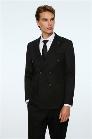 Morven Erkek Siyah Poliviskon Trend Düz Slim Fit Sivri Yaka Kruvaze Takım Elbise