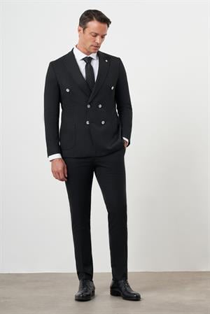 Morven Erkek Siyah Poliviskon Trend Kruvaze Slim Fit Sivri Yaka Takım Elbise