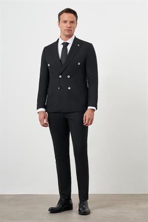Morven Erkek Siyah Poliviskon Trend Kruvaze Slim Fit Sivri Yaka Takım Elbise