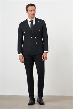 Morven Erkek Siyah Poliviskon Trend Kruvaze Slim Fit Sivri Yaka Takım Elbise