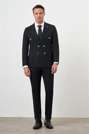 Morven Erkek Siyah Poliviskon Trend Kruvaze Slim Fit Sivri Yaka Takım Elbise