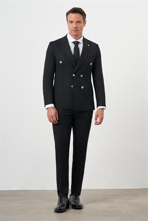 Morven Erkek Siyah Poliviskon Trend Kruvaze Slim Fit Sivri Yaka Takım Elbise