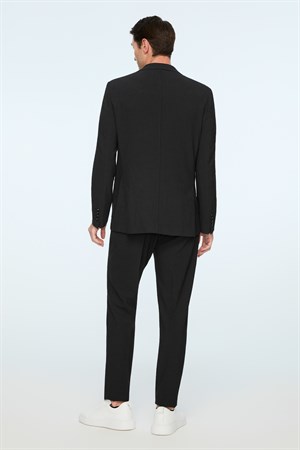 Morven Erkek Siyah Poliviskon Trend Pitikare Slim Fit Sivri Yaka Takım Elbise