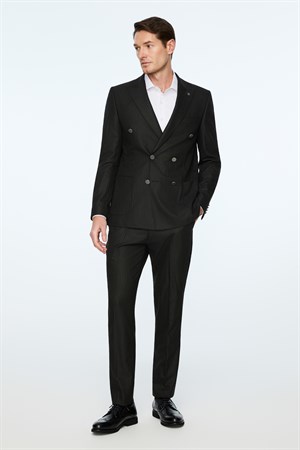 Morven Erkek Siyah Poliviskon Trend Slim Fit Sivri Yaka Kruvaze Takım Elbise