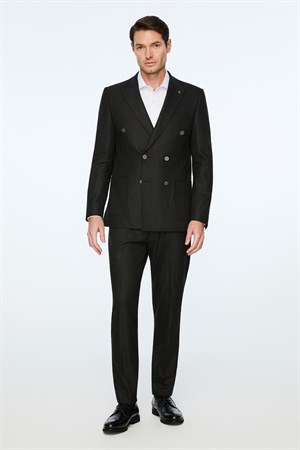 Morven Erkek Siyah Poliviskon Trend Slim Fit Sivri Yaka Kruvaze Takım Elbise