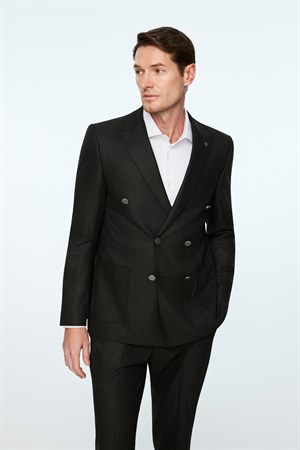 Morven Erkek Siyah Poliviskon Trend Slim Fit Sivri Yaka Kruvaze Takım Elbise