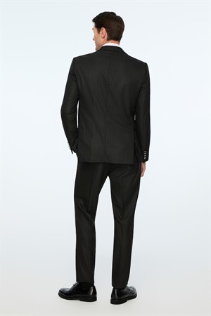 Morven Erkek Siyah Poliviskon Trend Slim Fit Sivri Yaka Kruvaze Takım Elbise