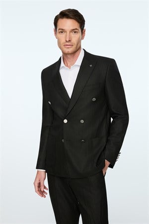 Morven Erkek Siyah Poliviskon Trend Slim Fit Sivri Yaka Kruvaze Takım Elbise