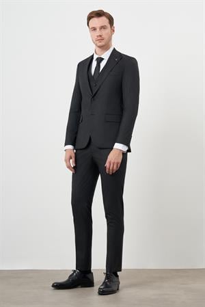 Morven Erkek Siyah Poliviskon Trend Yelekli Çizgili Desen Slim Fit  Sivri Yaka Takım Elbise