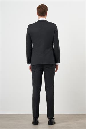 Morven Erkek Siyah Poliviskon Trend Yelekli Çizgili Desen Slim Fit  Sivri Yaka Takım Elbise