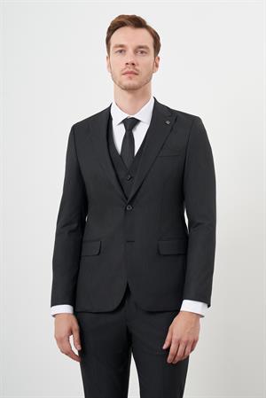 Morven Erkek Siyah Poliviskon Trend Yelekli Çizgili Desen Slim Fit  Sivri Yaka Takım Elbise