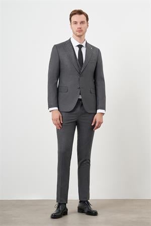 Morven Erkek Siyah Poliviskon Trend Yelekli Desenli Slim Fit Sivri Yaka Takım Elbise