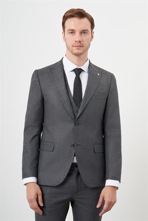 Morven Erkek Siyah Poliviskon Trend Yelekli Desenli Slim Fit Sivri Yaka Takım Elbise