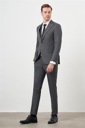 Morven Erkek Siyah Poliviskon Trend Yelekli Desenli Slim Fit Sivri Yaka Takım Elbise