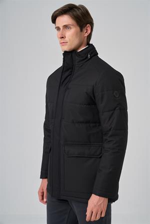 Morven Erkek Siyah Polyester Çıtçıtlı Kapüşonlu Mont