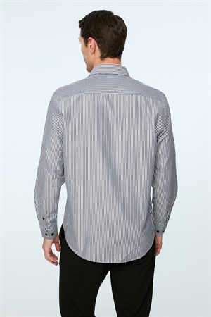 Morven Erkek Siyah Polyester Trend Çizgili Dynamic Fit Sert Yaka Gömlek