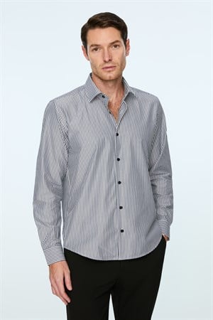 Morven Erkek Siyah Polyester Trend Çizgili Dynamic Fit Sert Yaka Gömlek