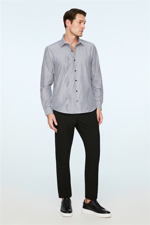 Morven Erkek Siyah Polyester Trend Çizgili Dynamic Fit Sert Yaka Gömlek