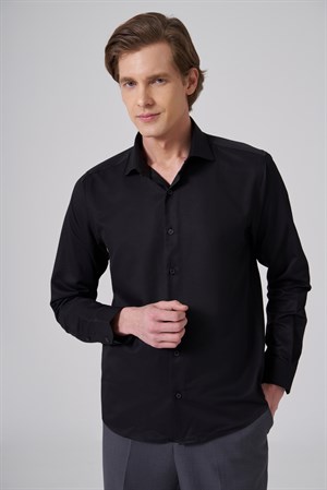 Morven Erkek Siyah Polyester Trend Slim Fit Tam İtalyan Yaka Gömlek