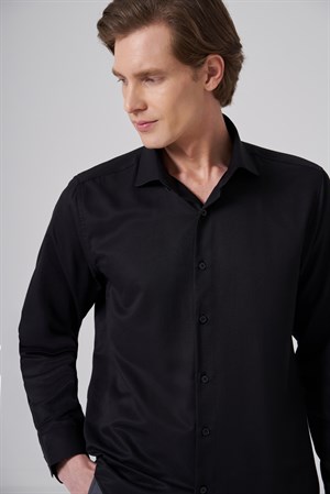 Morven Erkek Siyah Polyester Trend Slim Fit Tam İtalyan Yaka Gömlek