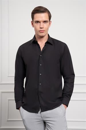 Morven Erkek Siyah Slim Fit Dar Kesim Sert Spor Yaka Gömlek