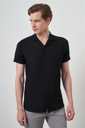 Morven Erkek Siyah Trend Apaçi Yaka Kısa Kollu Gömlek