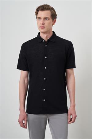 Morven Erkek Siyah Trend Apaçi Yaka Kısa Kollu Gömlek