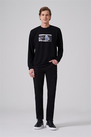 Morven Erkek Siyah Trend Baskılı Bisiklet Yaka Sweat-Shirt