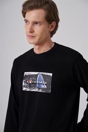 Morven Erkek Siyah Trend Baskılı Bisiklet Yaka Sweat-Shirt