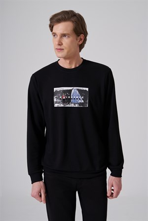 Morven Erkek Siyah Trend Baskılı Bisiklet Yaka Sweat-Shirt