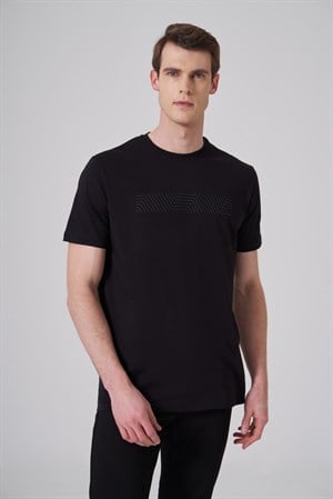 Morven Erkek Siyah Trend Baskılı Bisiklet Yaka Dinamik Fit T-shirt