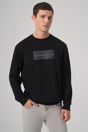 Morven Erkek Siyah Trend Baskılı Bisiklet Yaka Sweatshirt