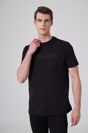 Morven Erkek Siyah Trend Baskılı Bisiklet Yaka Dinamik Fit T-shirt