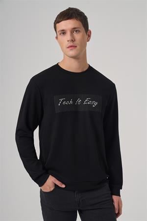 Morven Erkek Siyah Trend Baskılı Bisiklet Yaka Sweat-Shirt