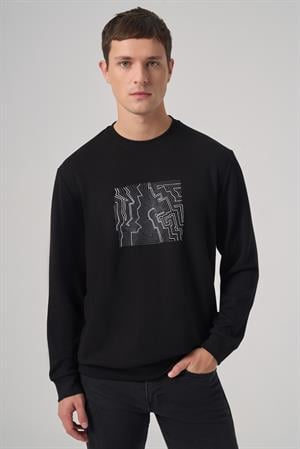 Morven Erkek Siyah Trend Baskılı Bisiklet Yaka Sweatshirt