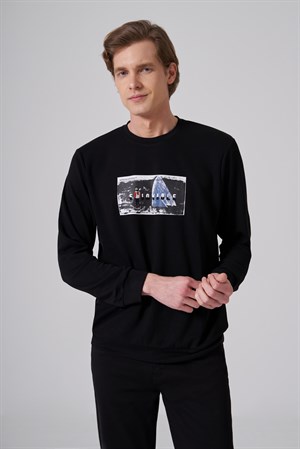 Morven Erkek Siyah Trend Baskılı Bisiklet Yaka Sweat-Shirt