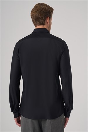 Morven Erkek Siyah Trend Düz Slim Fit Tam İtalyan Yaka Relaxible Gömlek
