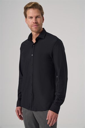 Morven Erkek Siyah Trend Düz Slim Fit Tam İtalyan Yaka Relaxible Gömlek