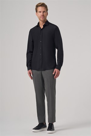 Morven Erkek Siyah Trend Düz Slim Fit Tam İtalyan Yaka Relaxible Gömlek