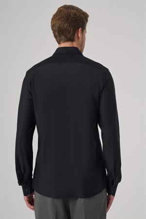 Morven Erkek Siyah Trend Düz Slim Fit Tam İtalyan Yaka Gömlek