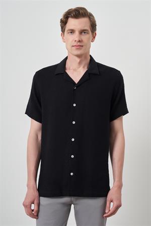Morven Erkek Siyah Trend Keten Regular Fit Apaş Yaka Kısa Kol Gömlek