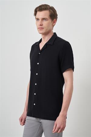 Morven Erkek Siyah Trend Keten Regular Fit Apaş Yaka Kısa Kol Gömlek