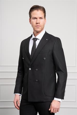 Morven Erkek Siyah Trend Kruvaze Slim Fit Dar Kesim Sivri Yaka Takım Elbise